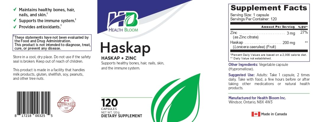 Détails des ingrédients sur l'emballage des capsules Haskap
