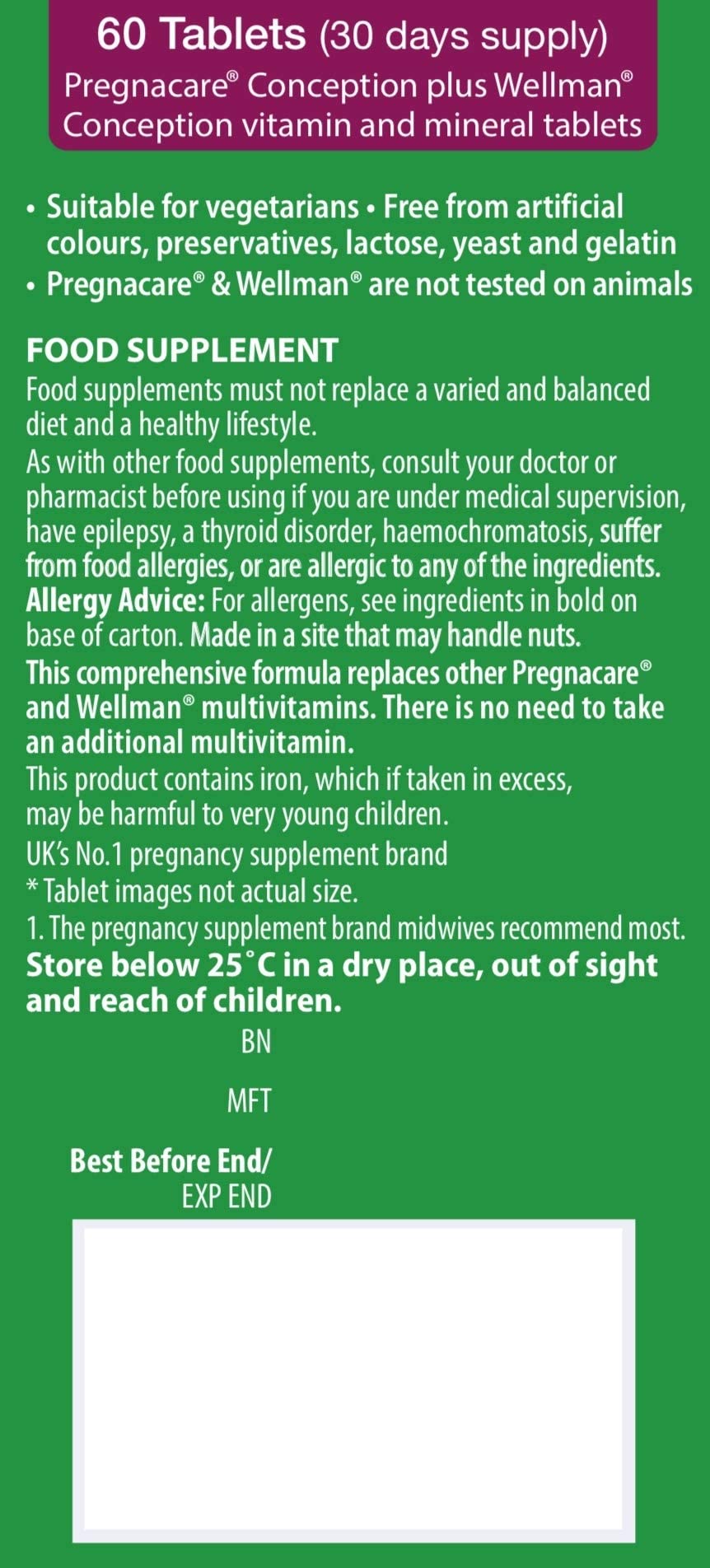 Détails des ingrédients sur l'emballage des comprimés Pregnacare