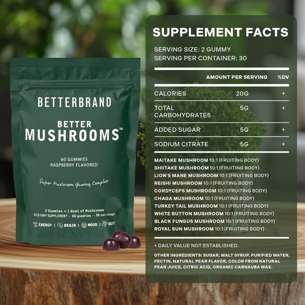 Détails des ingrédients sur l'emballage des gummies Betterbrand