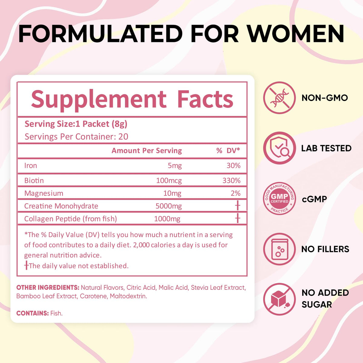 Détails des sachets de créatine FORTILUME avec collagène et biotine