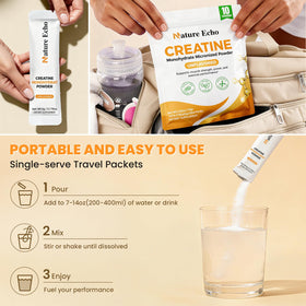 Détails des sachets de créatine monohydrate Nature Echo sur une table