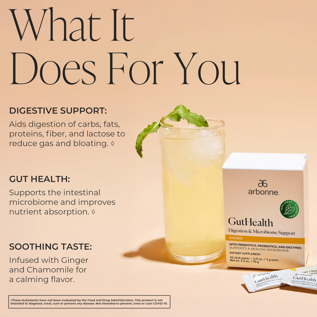 Détails des sachets de poudre probiotique Arbonne GutHealth
