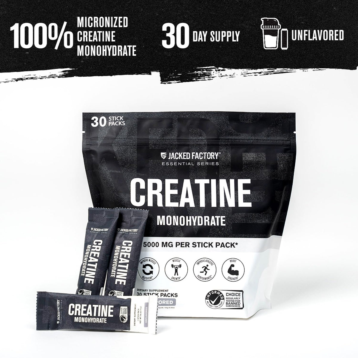 Détails des sachets individuels de créatine monohydrate Jacked Factory