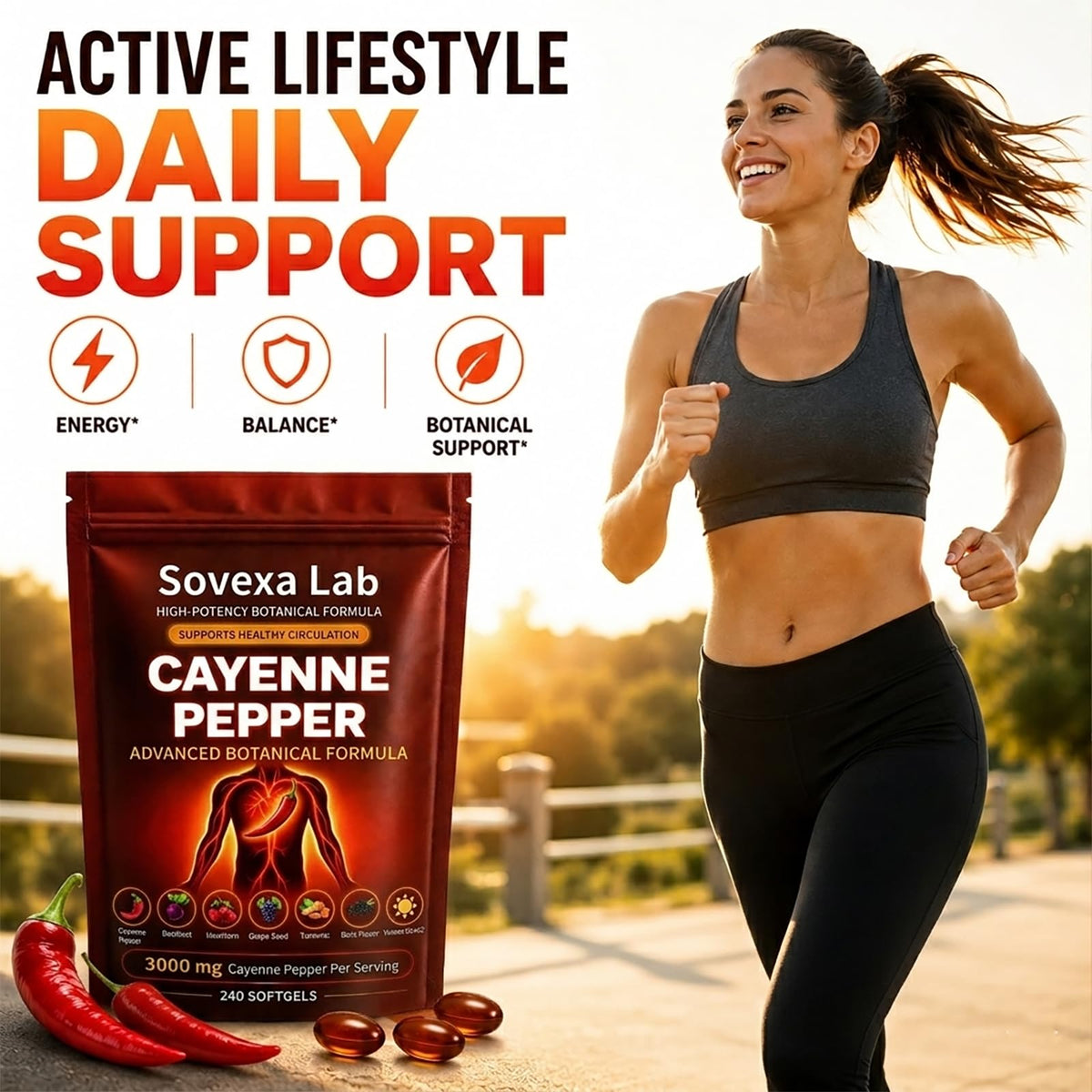 Détails des spécifications des gélules de poivre cayenne Sovexa Lab