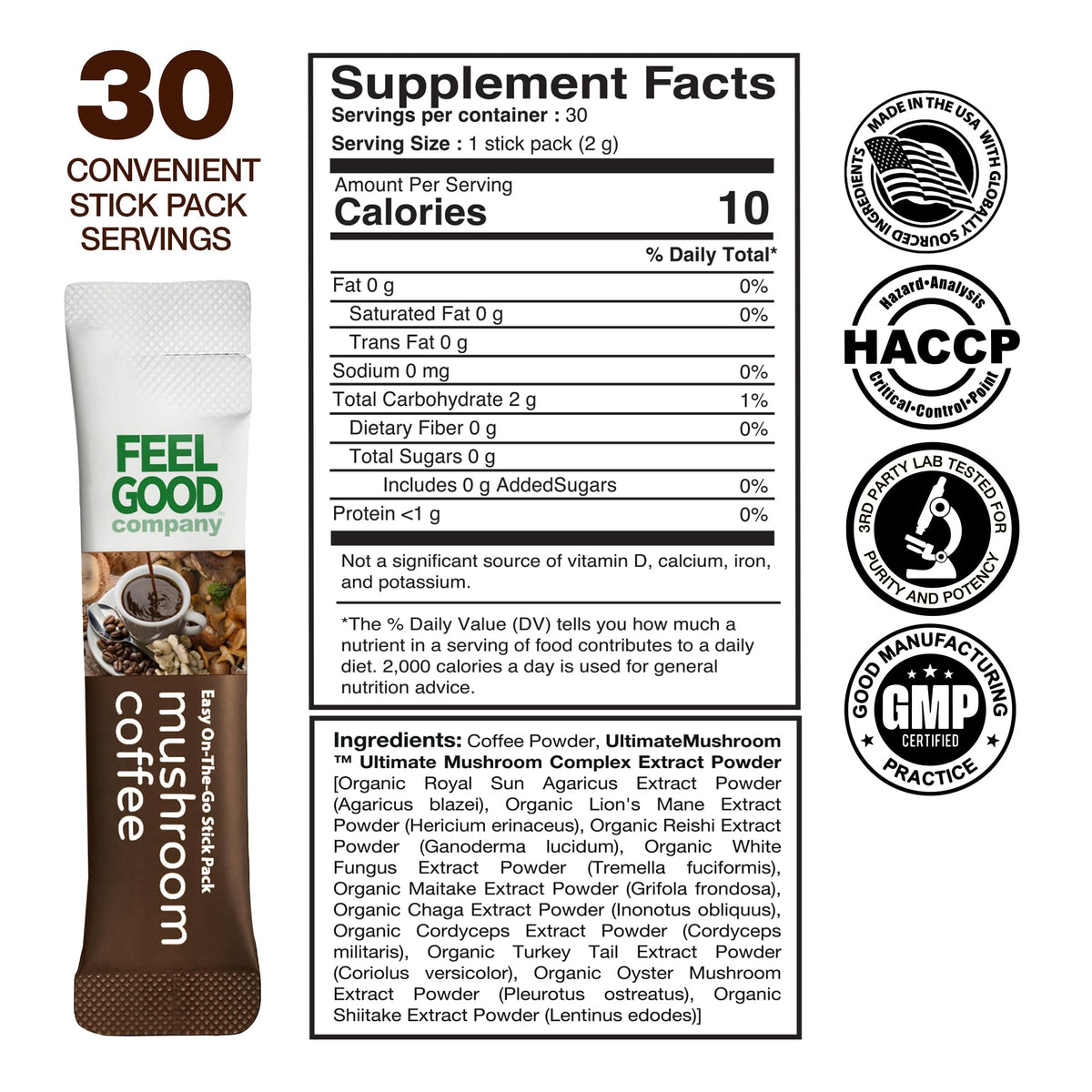 Détails des stick packs de café FEEL GOOD avec 10 champignons biologiques