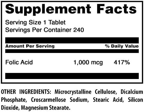 Détails du comprimé d'acide folique Amazing Nutrition 1000 mcg