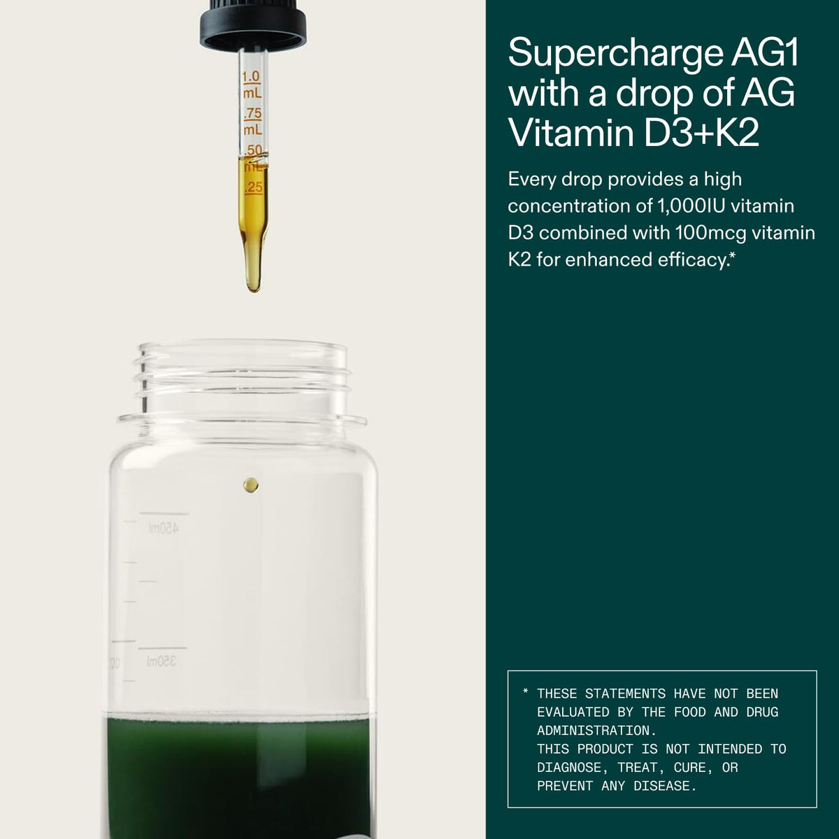 Détails du compte-gouttes AG1 Vitamine D3 + K2
