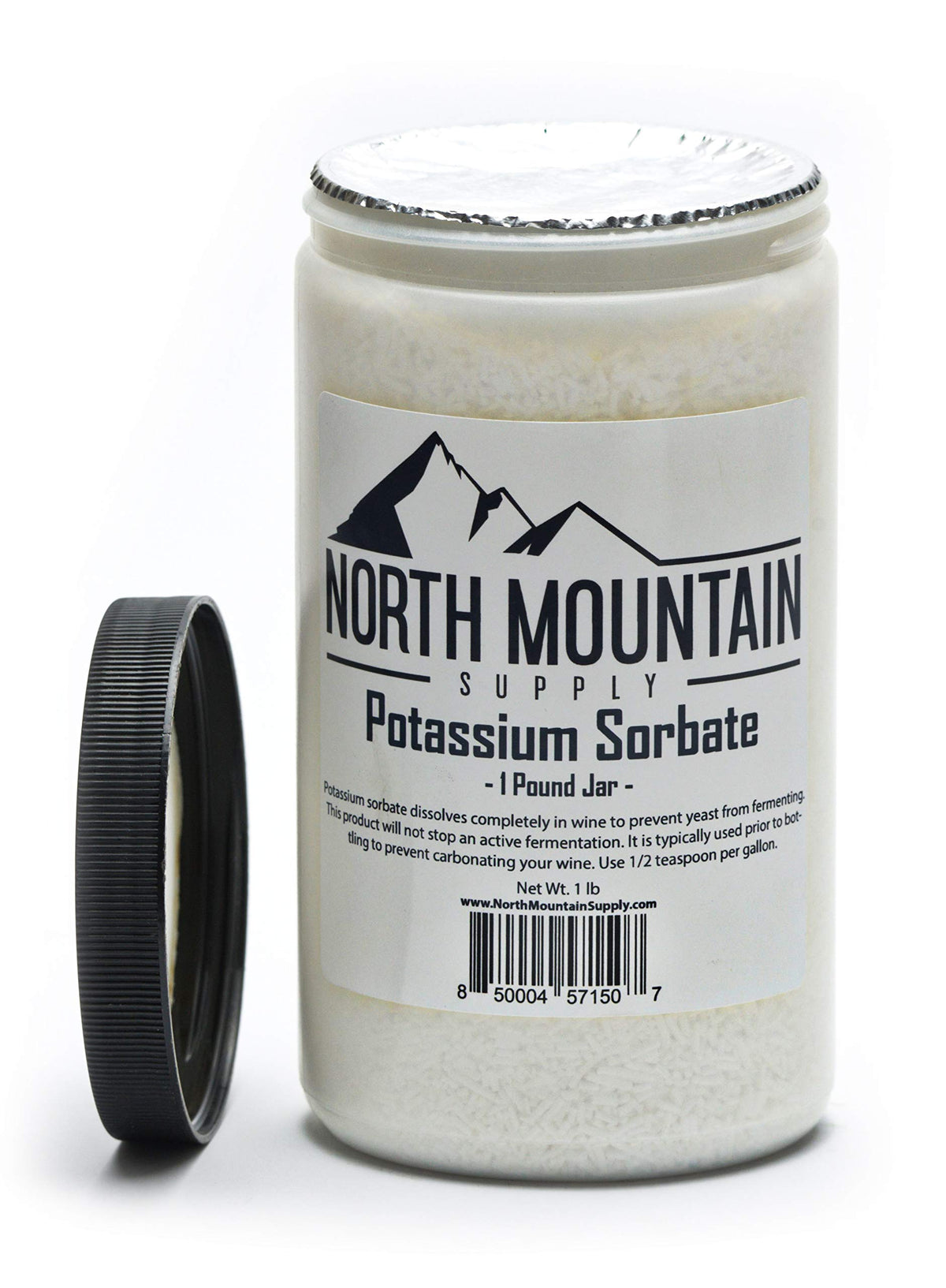 Détails du couvercle et étiquette du pot de sorbate de potassium