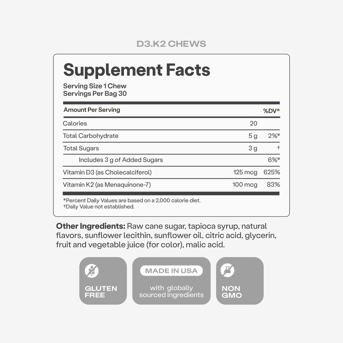 Détails du dosage des chews HumanN Vitamine D3 + K2