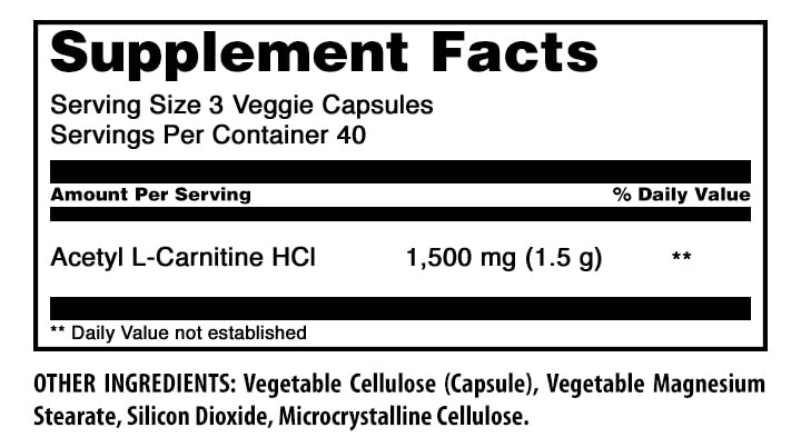 Détails du flacon d'Acétyl L-Carnitine 1500 mg Amazing Nutrition