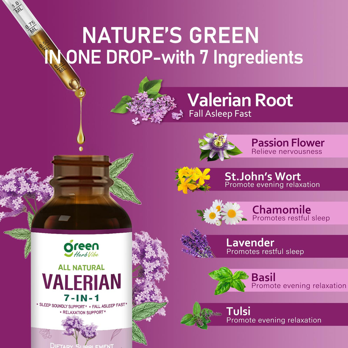 Détails du flacon d'extrait de racine de valériane green Herb Vibe