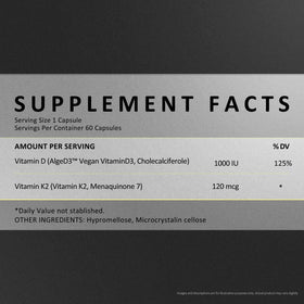 Détails du flacon d'EXUVITAL D3 & K2 avec étiquette
