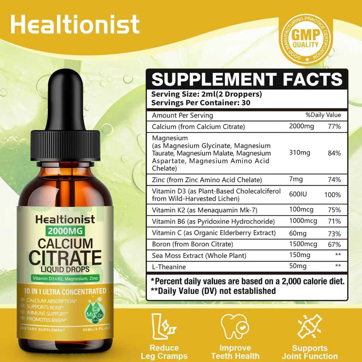 Détails du flacon de Calcium Citrate avec étiquette et informations