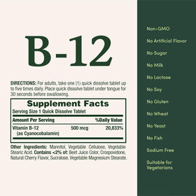 Détails du flacon de comprimés B-12 Nature's Bounty avec informations de dosage