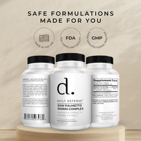 Détails du flacon de Daily Defense Saw Palmetto 500 mg
