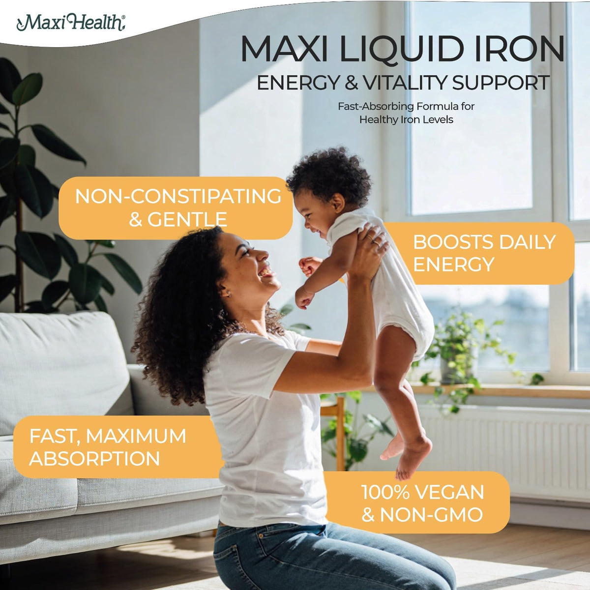 Détails du flacon de fer liquide Maxi Health avec dosage de 15 mg
