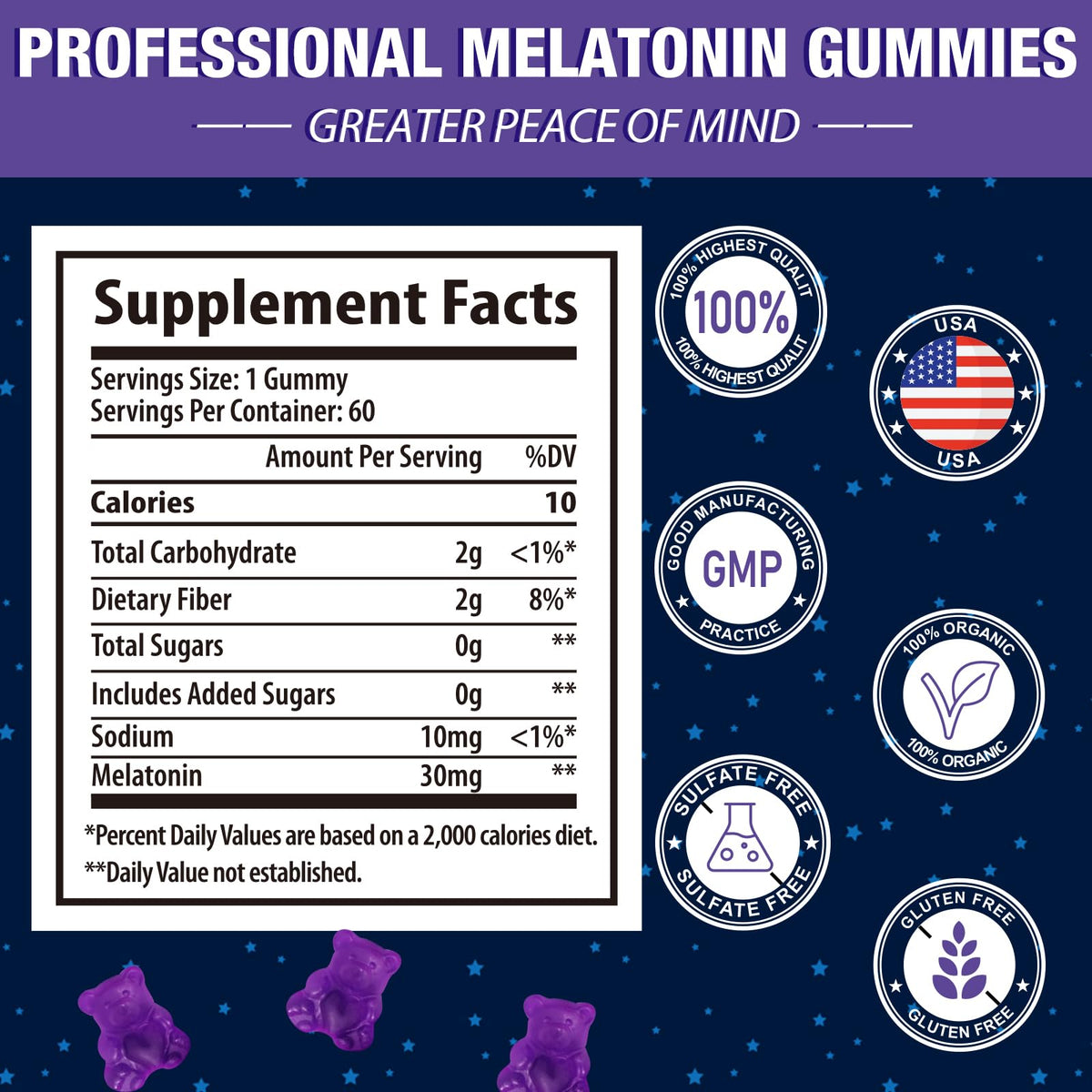 Détails du flacon de gélules de mélatonine Gomhoreye, 120 gummies