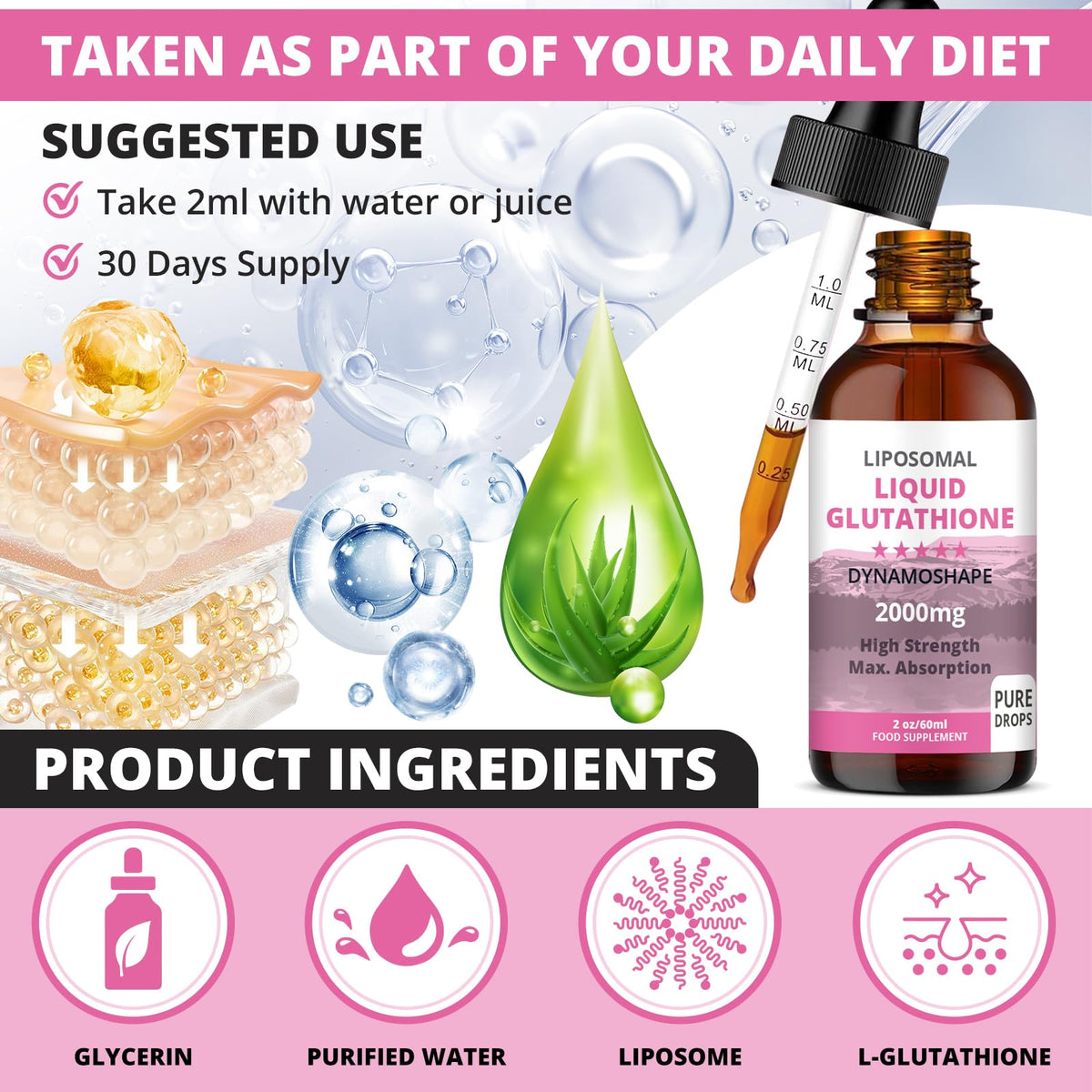 Détails du flacon de Glutathione Liposomal 2000mg baanaas