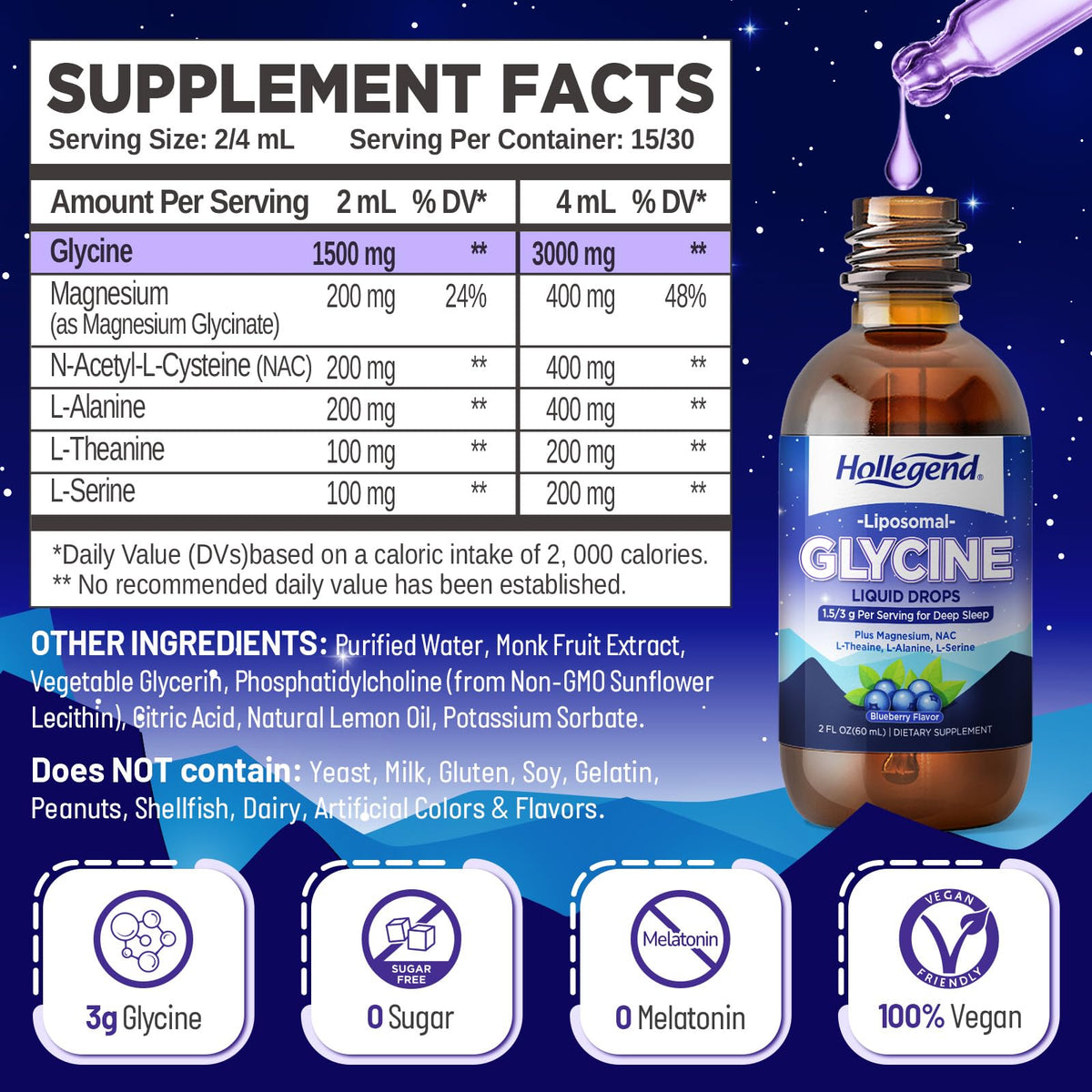 Détails du flacon de HOLLEGEND Glycine Liquide 3g