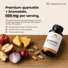 Détails du flacon de Luma Nutrition Quercétine 500mg, étiquette visible