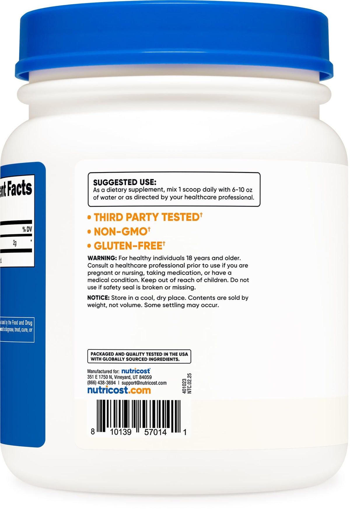 Détails du flacon de Nutricost Poudre de Taurine 1000g
