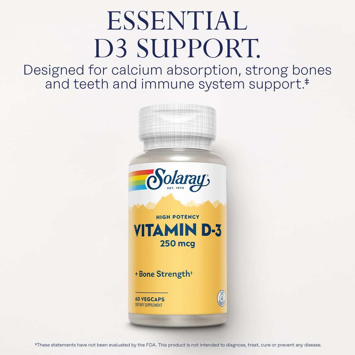 Détails du flacon de SOLARAY Vitamine D3 10000UI 250mcg, étiquette visible
