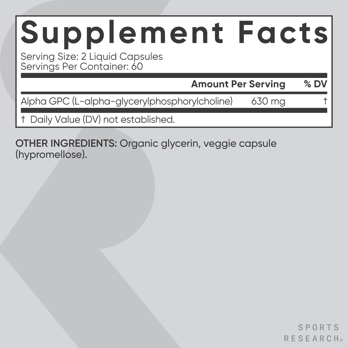 Détails du flacon de Sports Research Alpha GPC 630mg