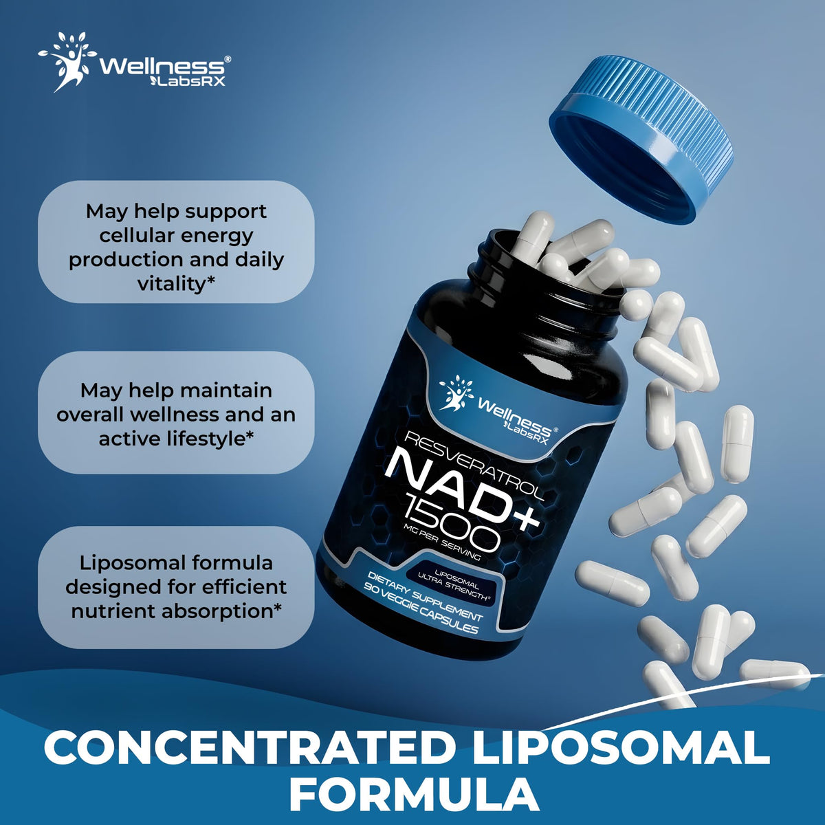 Détails du flacon de WELLNESS LABSRX Complément NAD+ 1500mg