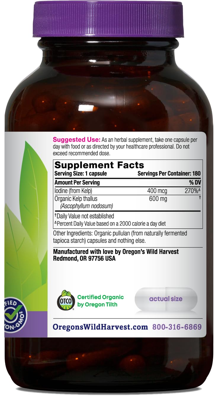Détails du packaging d'Oregon's Wild Harvest Kelp Bio 180 capsules