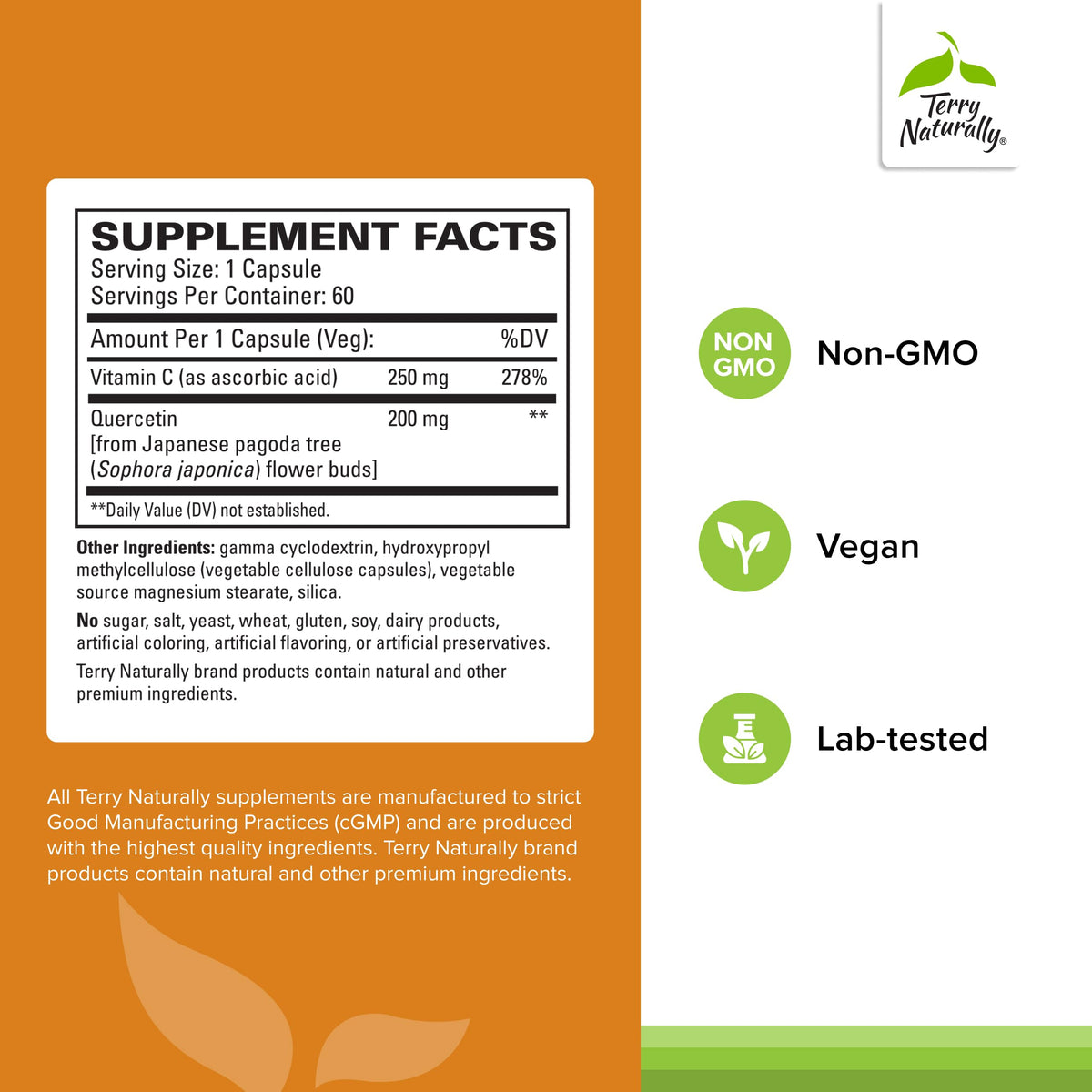 Détails du packaging de Terry Naturally Quercétine + Vitamine C Extra Fort