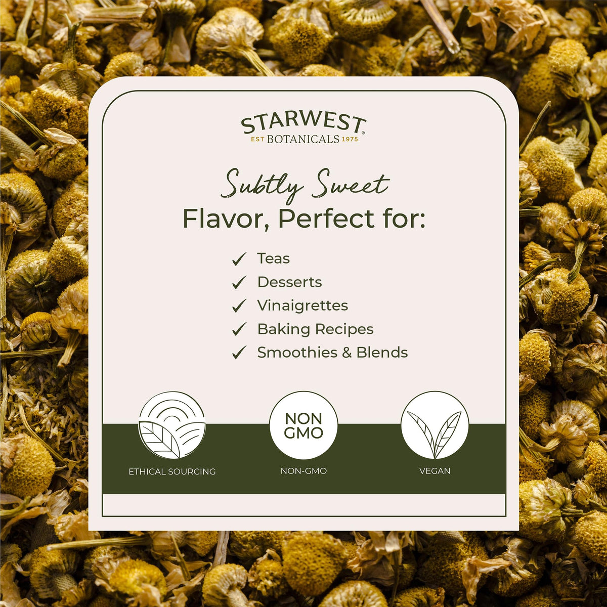 Détails du sachet de Fleurs de Camomille Bio Starwest Botanicals