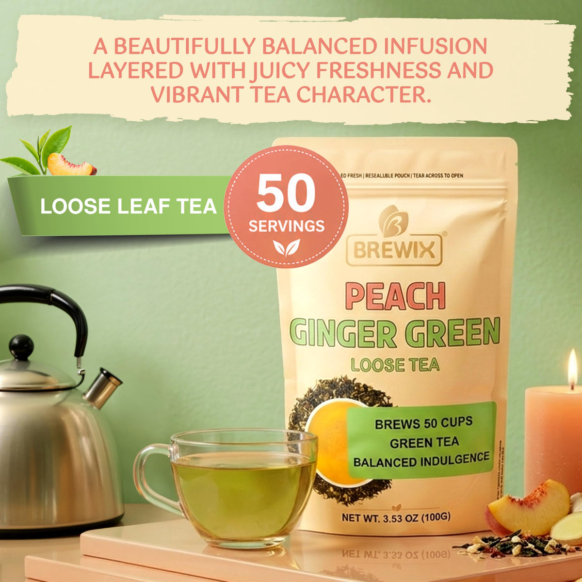 Détails du sachet refermable de thé vert BREWIX