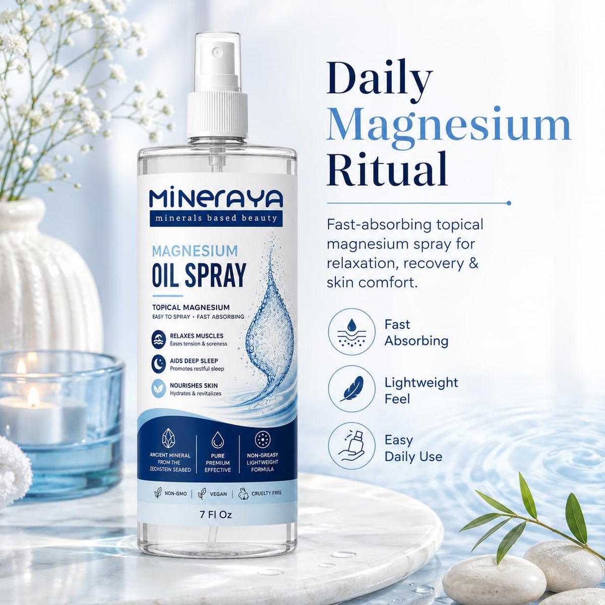 Détails du spray d'huile de magnésium Mineraya avec pompe