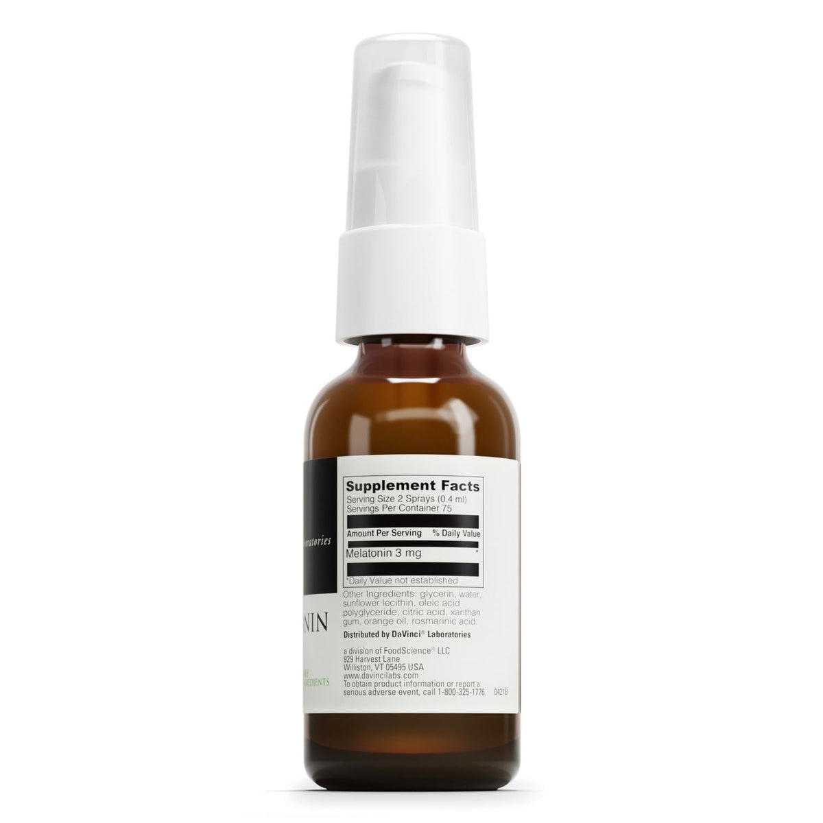 Détails du spray de mélatonine DAVINCI avec dosage de 3 mg