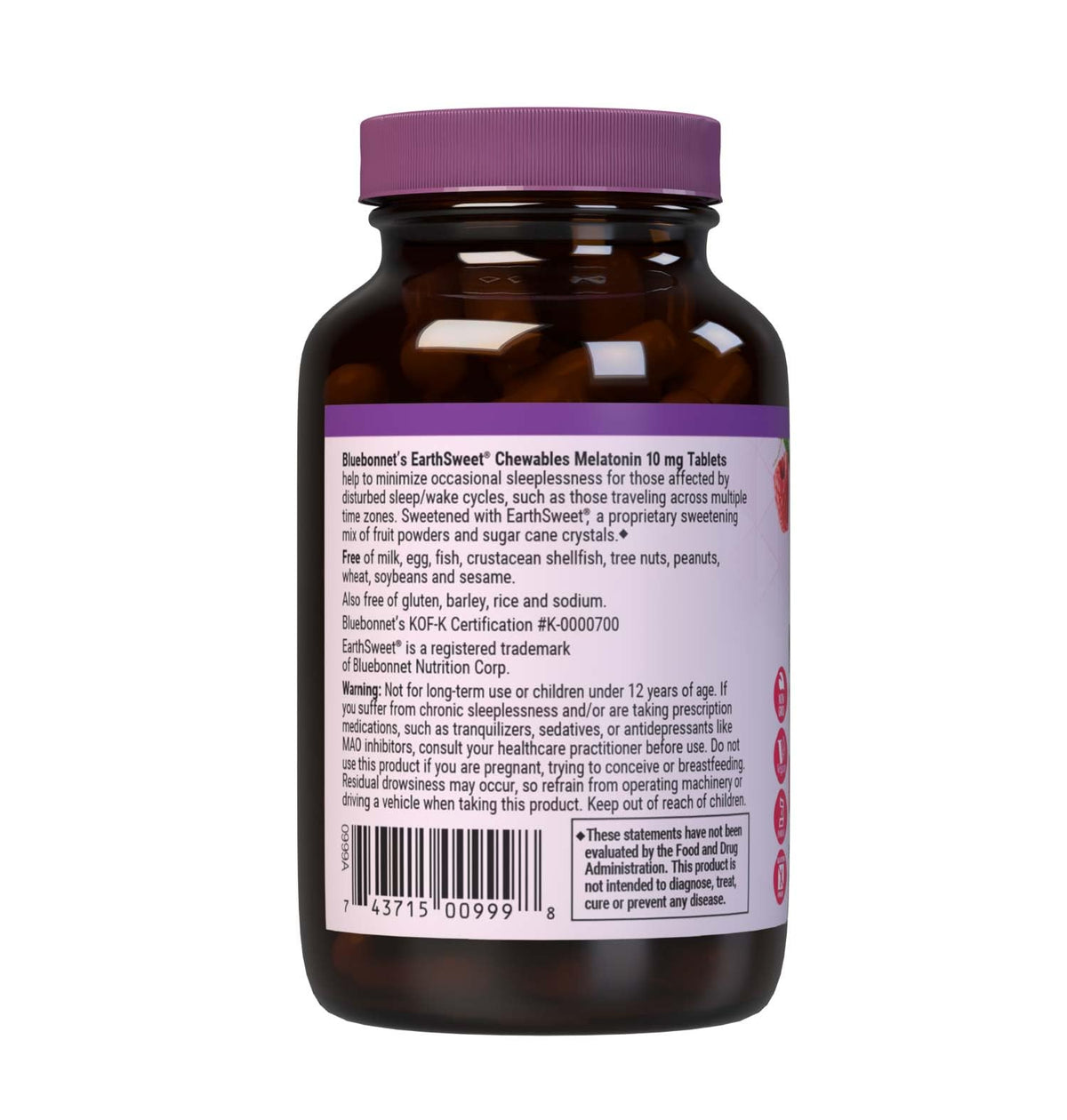 Détails sur l'étiquette de BlueBonnet EarthSweet Mélatonine 10 mg