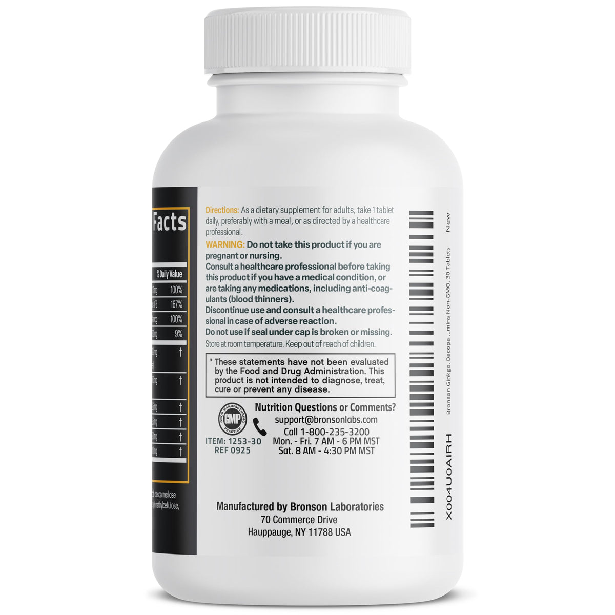 Détails sur l'étiquette du Bronson Ginkgo Bacopa Acétyl L-Carnitine