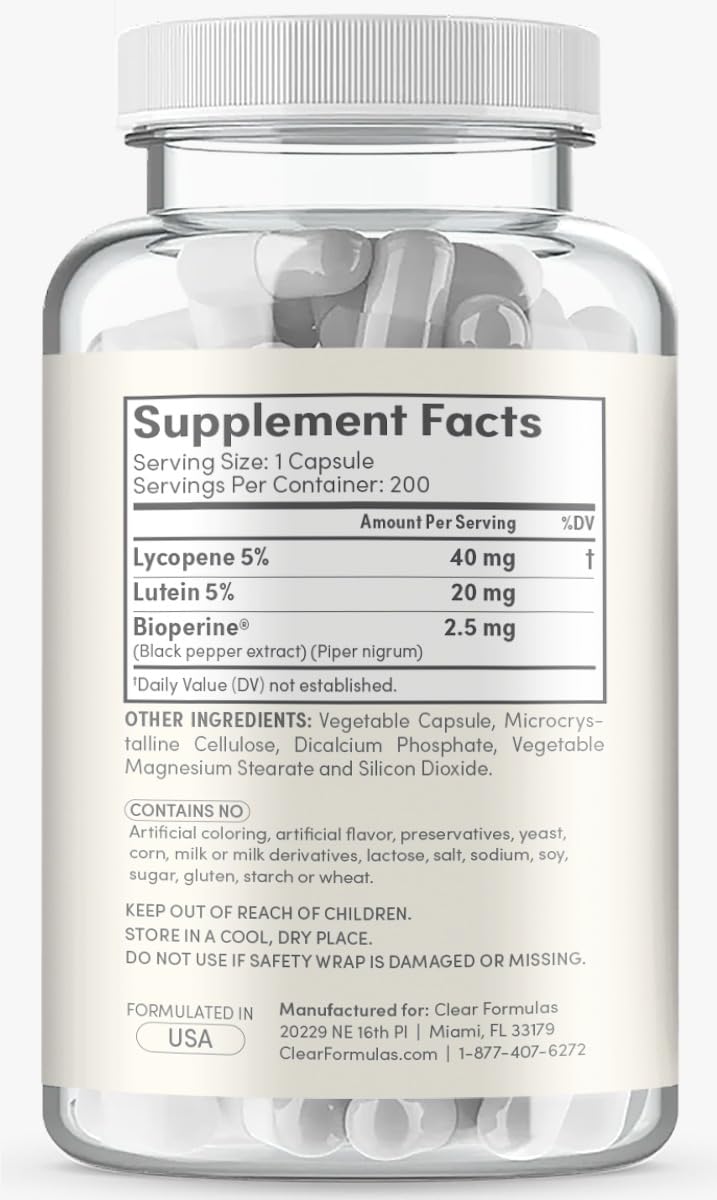 Détails sur l'étiquette du complément Clear Formulas Luthéine et Lycopène