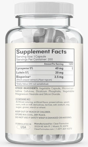 Détails sur l'étiquette du complément Clear Formulas Luthéine et Lycopène