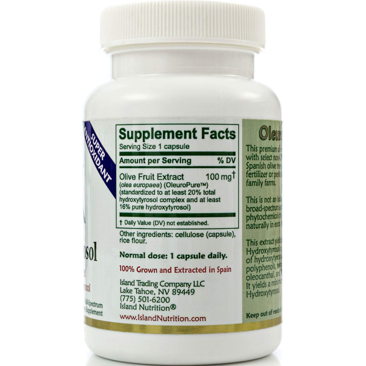 Détails sur l'étiquette du complément Hydroxytyrosol d'Island Nutrition