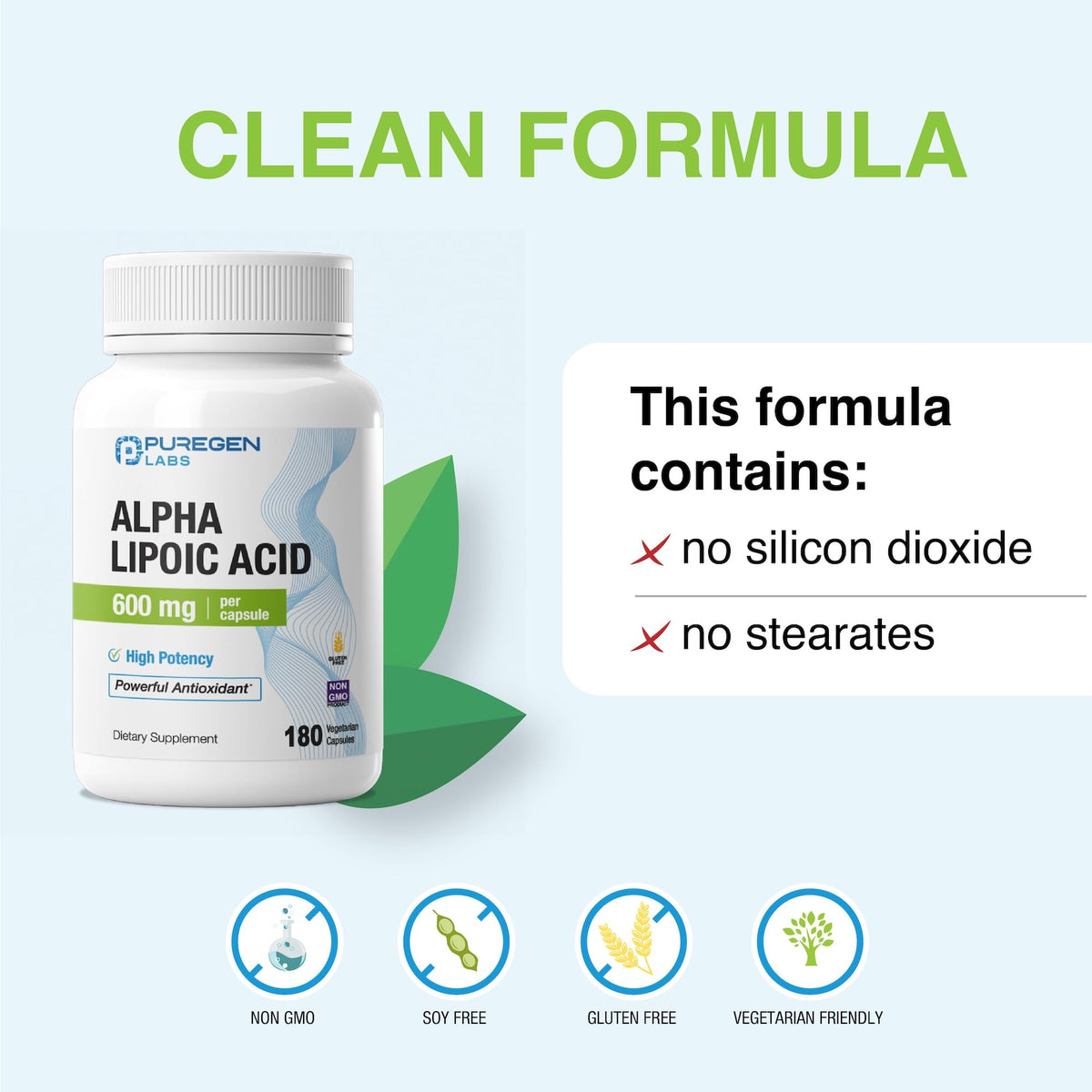 Détails sur l'étiquette du flacon Acide Alpha-Lipoïque 600mg P Puregen Labs