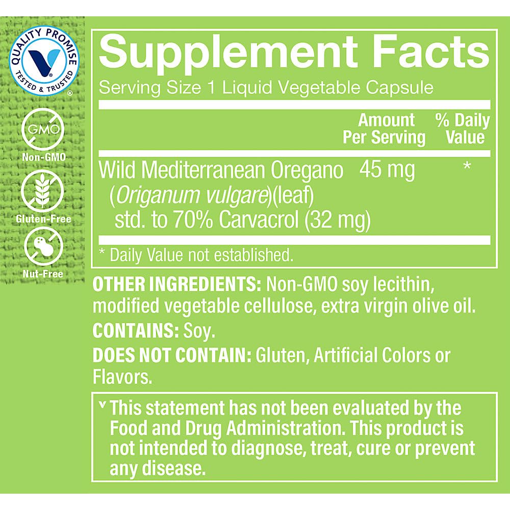 Détails sur l'étiquette du flacon d'huile d'origan The Vitamin Shoppe