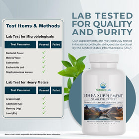 Détails sur l'étiquette du flacon Nature's Lab DHEA 50mg