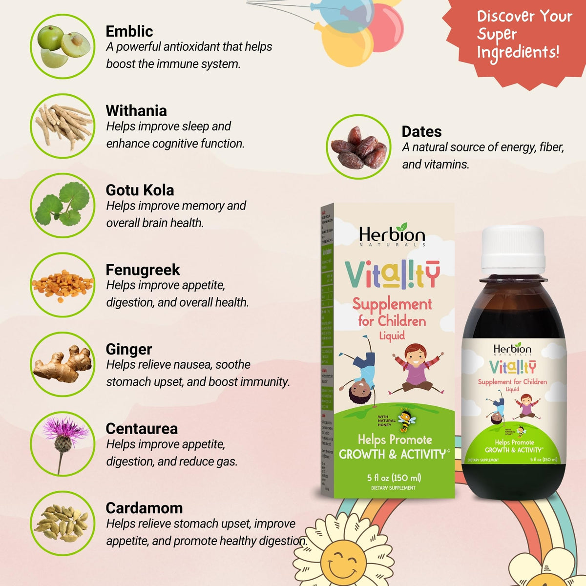 Détails sur la bouteille de complément HERBION Vitalité Enfants