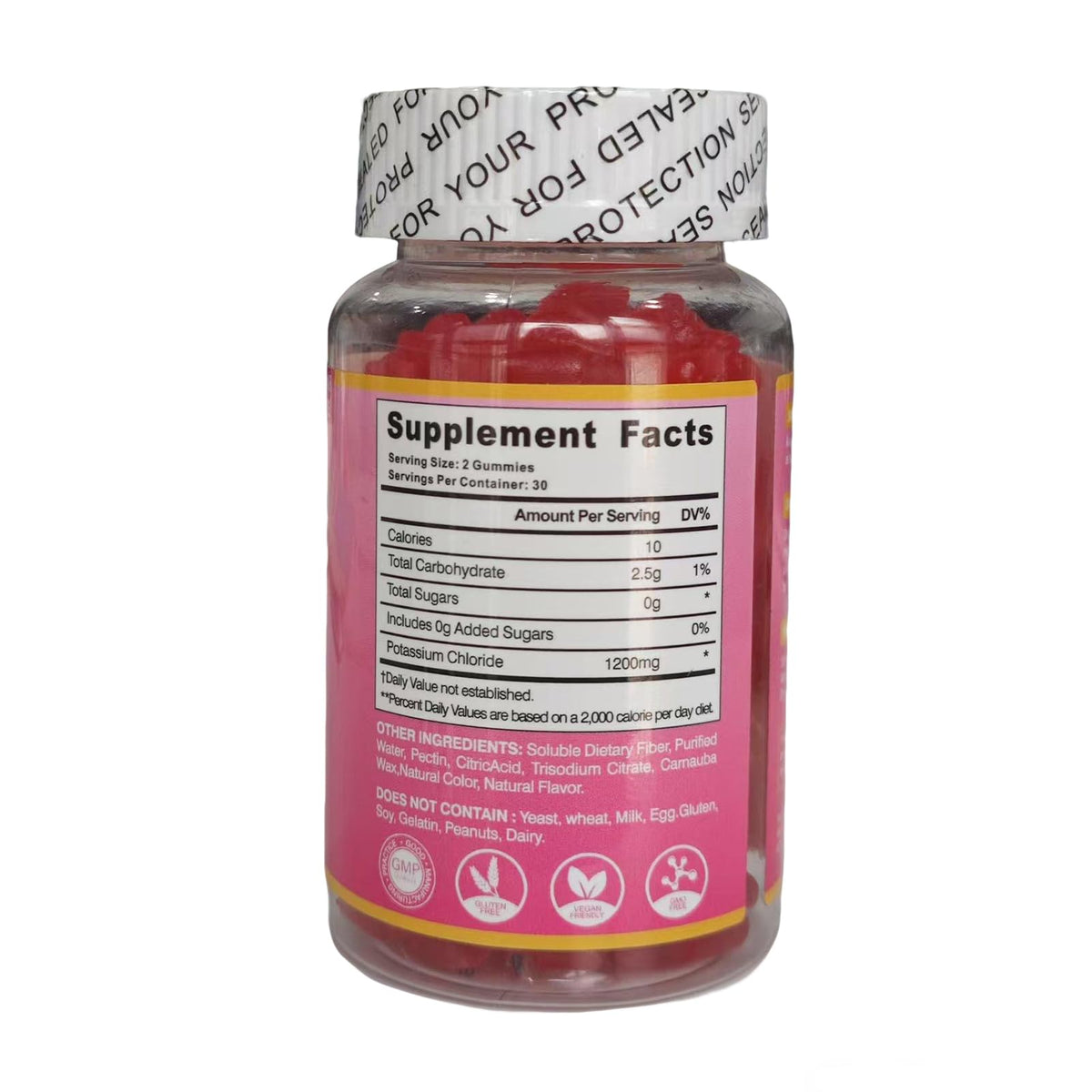 Détails sur la bouteille de Gummies de Potassium Oeaqeff montrant la composition