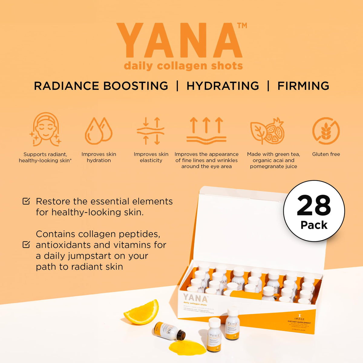 Détails sur le packaging des shots de collagène YANA