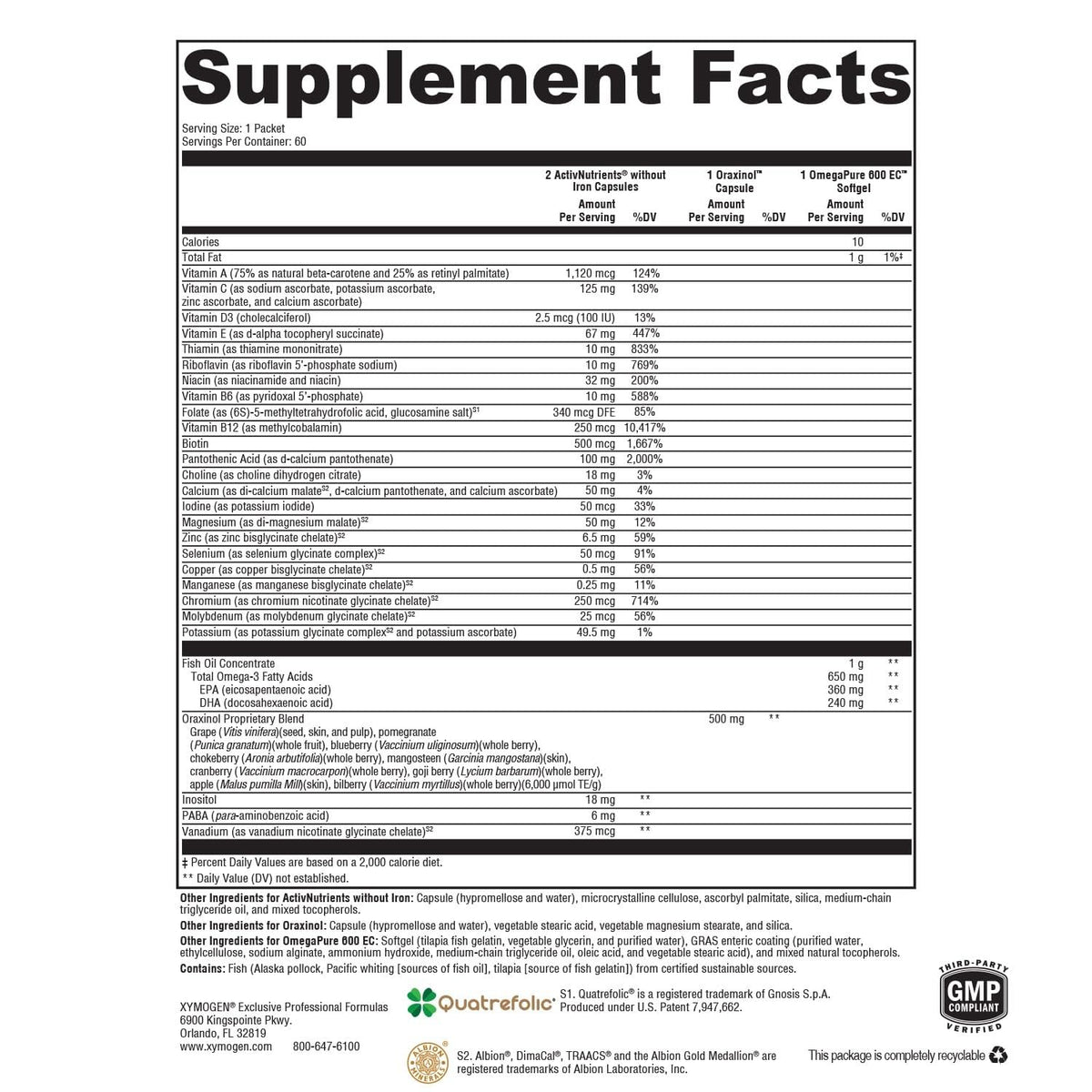 Deux capsules ActivNutrients sans fer et une capsule d'Oraxinol