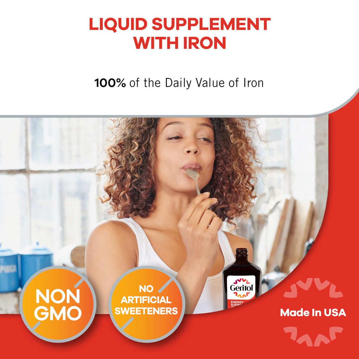Deux flacons de Geritol Complément Alimentaire Liquide Fer et Vitamines 12 Oz sur une table