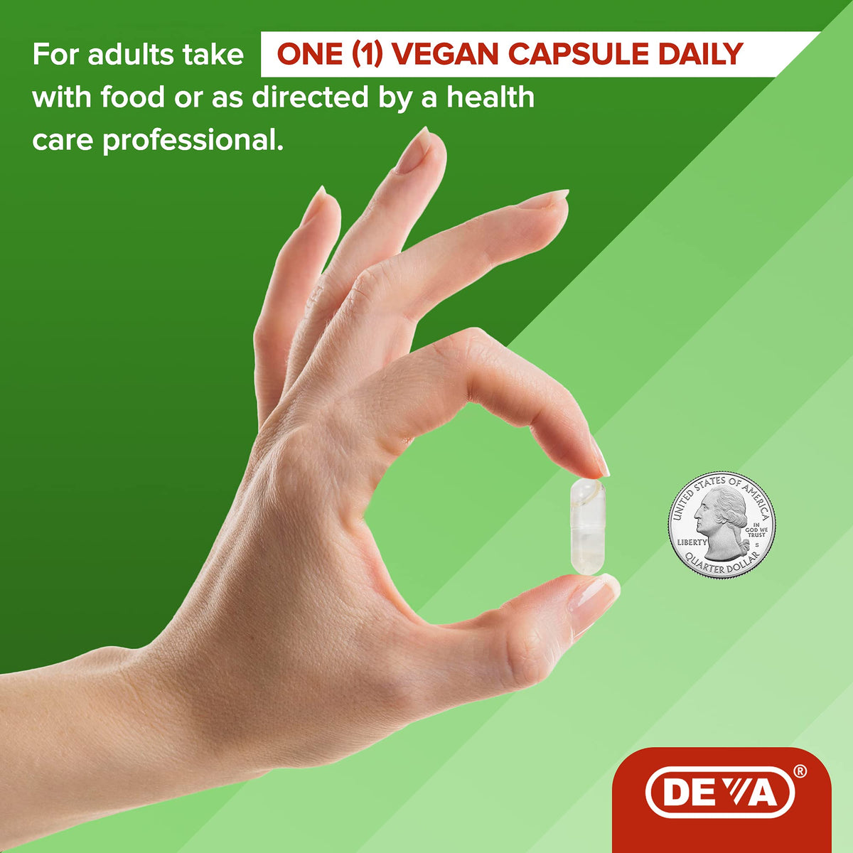 DEVA CLA Végétalien capsules avec main tenant la boîte