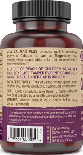 DEVA Complément Alimentaire Vegan Calcium Magnésium 90 comprimés, packaging