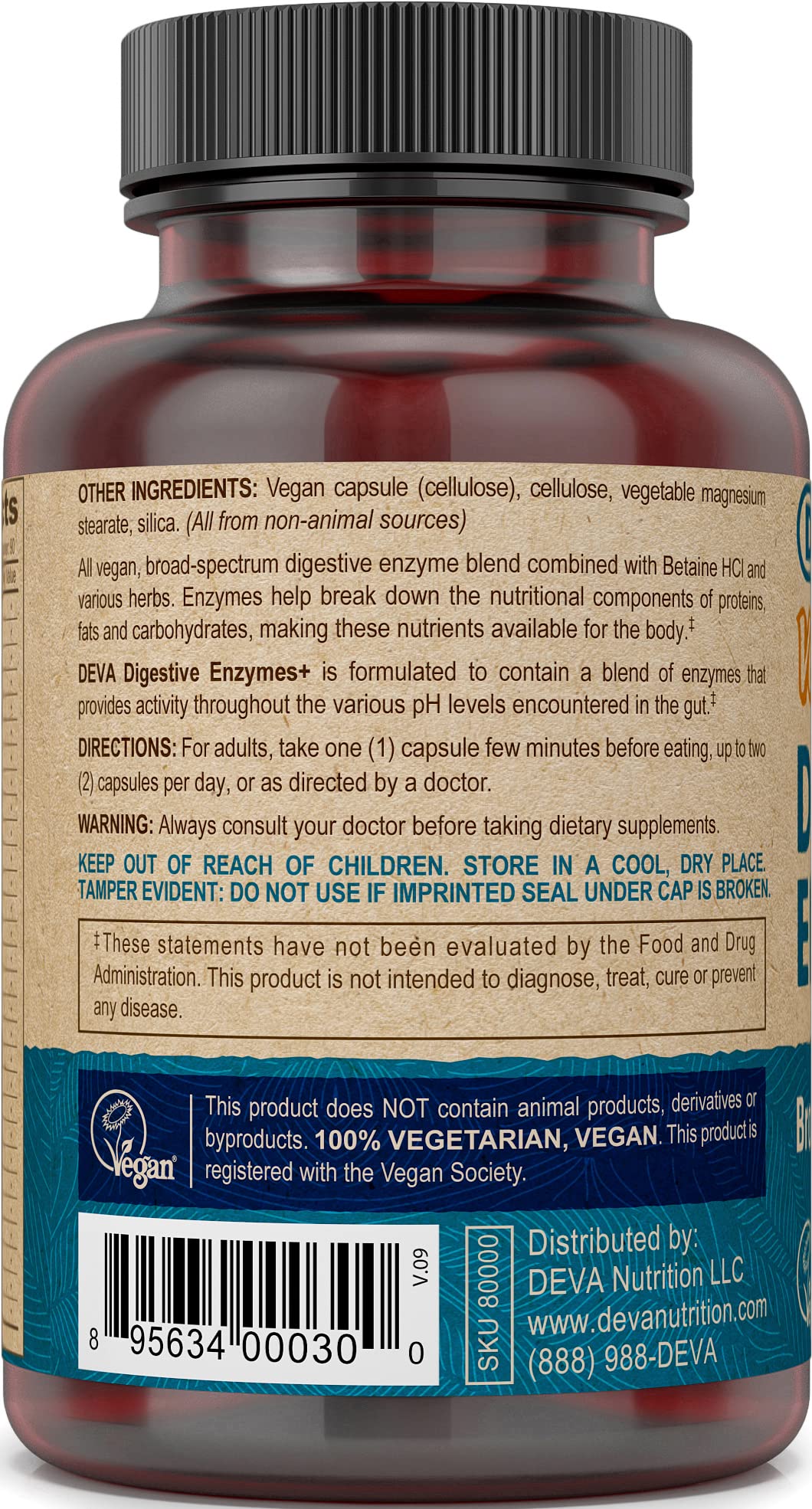 DEVA Complément Alimentaire Vegan Enzymes Plus 90 Capsules avec étiquette